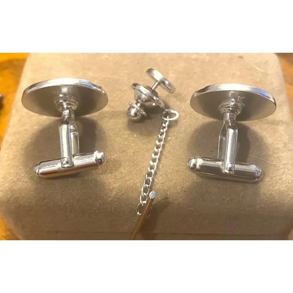 VTG Anson Silver Tone and Black Circle Design Cufflinks and Tie Pin